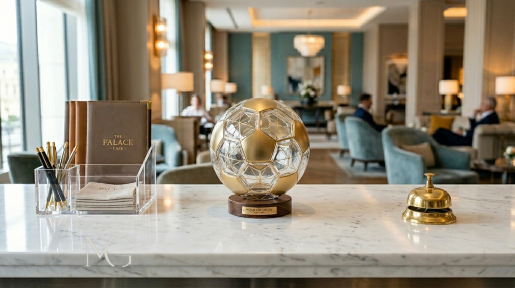 Impact of the World Cup on the hospitality industry: luxury hotel counter with decorative soccer ball and premium equipment