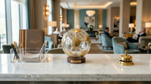 Impact of the World Cup on the hospitality industry: luxury hotel counter with decorative soccer ball and premium equipment