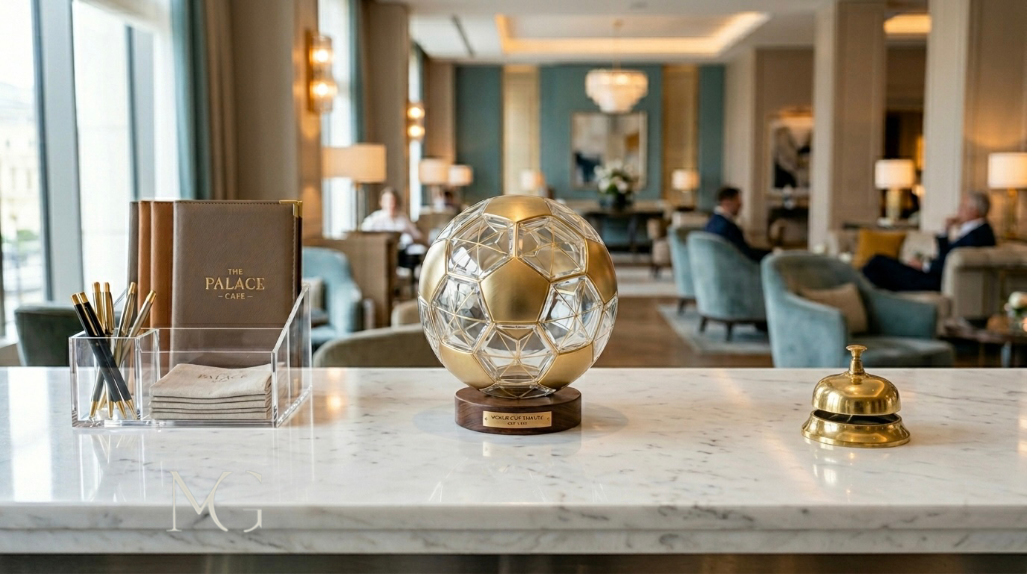 Impact of the World Cup on the hospitality industry: luxury hotel counter with decorative soccer ball and premium equipment