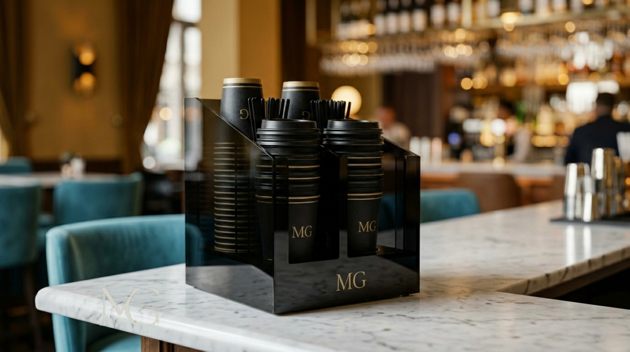 Premium polycarbonate disposable cup stand on a luxury hotel cafe counter in Dubai