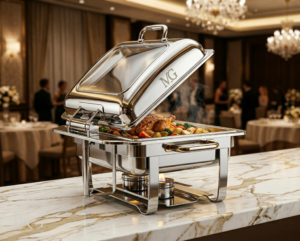Premium heavy-gauge stainless steel luxury chafing dishes on a buffet line